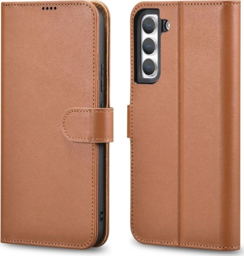 iCarer Haitang Leather Wallet Case Lærveske for Samsung Galaxy S22 + (S22 Plus) Lommebokdeksel Brun (AKSM05BN)