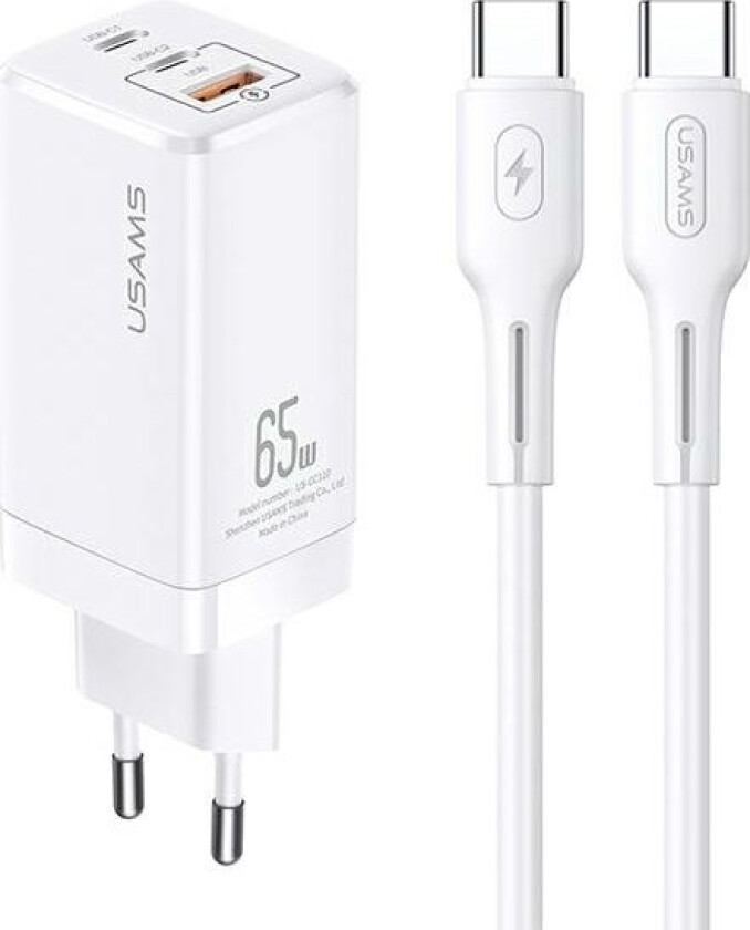 USAMS Ład. siec. MT 2xUSB-C+USB GaN 65W T33 PD + kabel USB-C-USB-C 100W Fast Charging biały/white MTXLOGTC02