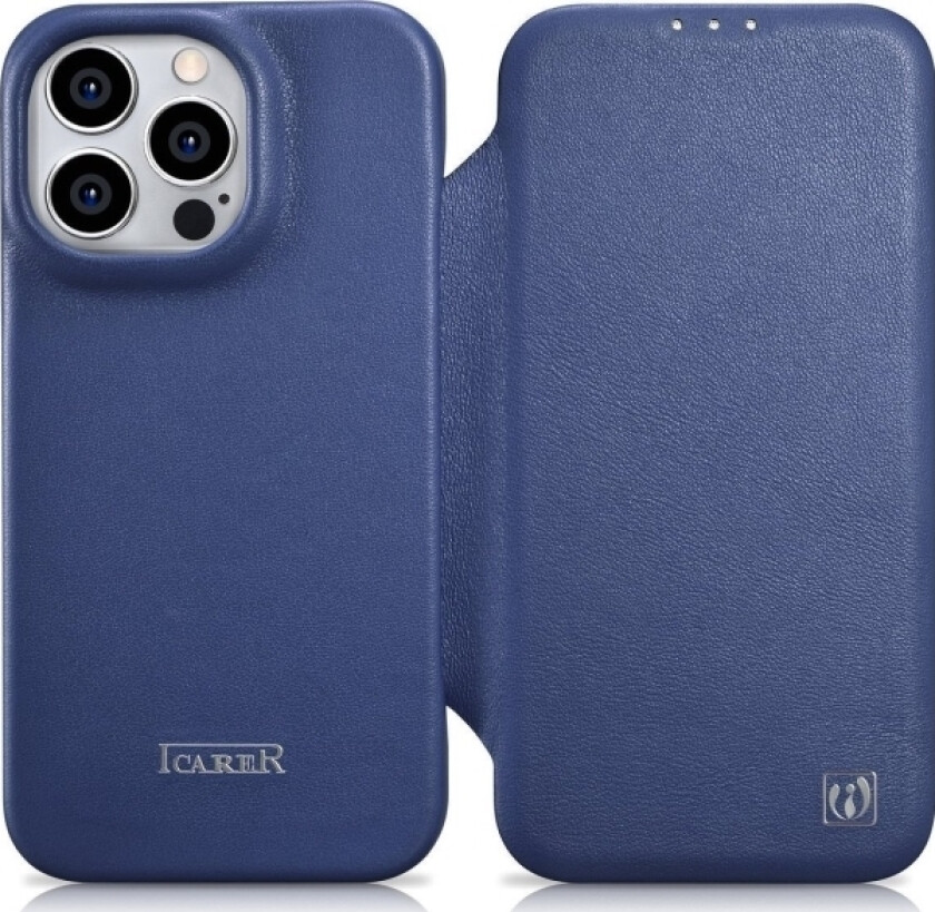 iCarer CE Premium Leather Folio Case iPhone 14 Pro leather case with magnetic flap MagSafe blue (WMI14220714-BU)