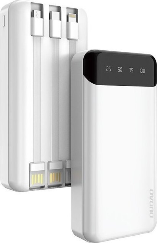 kapasitet strømbank med 3 innebygde kabler 20000mAh USB Type C + micro USB + Lynhvit ( K6Pro +)
