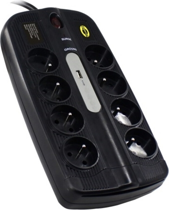 Orvaldi ORV-8PL USB 3.0 strømskinne overspenningsvern 4500J, 8 stikkontakter, 1x USB, 3m