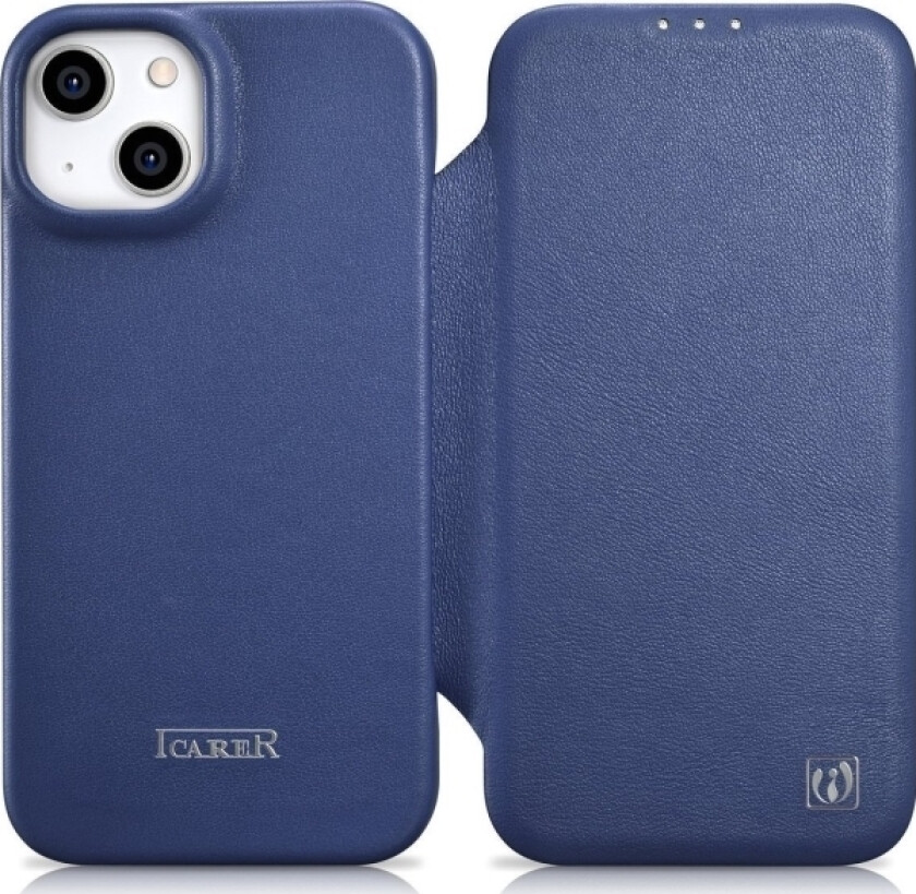 iCarer CE Premium Leather Folio Case iPhone 14 magnetisk flip-veske MagSafe blå (WMI14220713-BU)
