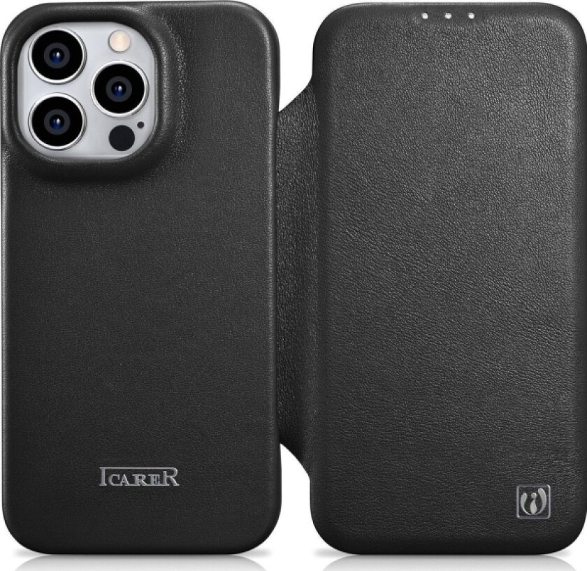 iCarer CE Premium Leather Case iPhone 14 Pro Magnetic Flip Leather Case MagSafe Black (WMI14220714-BK)