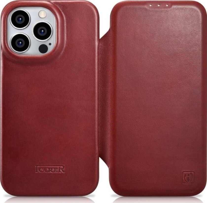 iCarer CE Oil Wax Premium Leather Folio Case iPhone 14 Pro Leather Case with Flip Magnetic MagSafe rød (AKI14220706-RD)