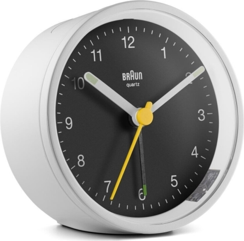 BC12WB, Quartz vekkerklokke, Rund, Sort, Hvit, 12 timers, Alarm, Batteri