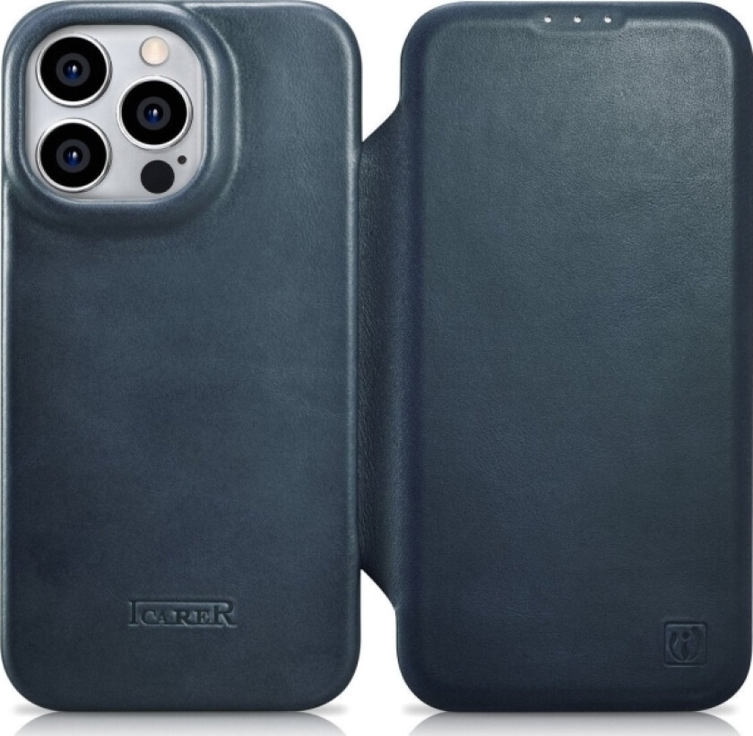 iCarer „iCarer CE Oil Wax Premium Leather Folio Case“ Odinis dėklas „iPhone 14 Pro Magnetic Flip MagSafe Mėlyna“ (AKI14220706-BU)