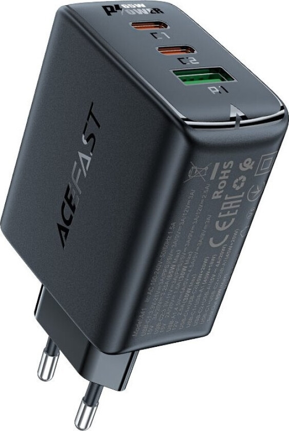 Acefast szybka ładowarka sieciowa GaN (2xUSB-C / USB-A) PPS / PD / QC4+ 65W czarna (A41)