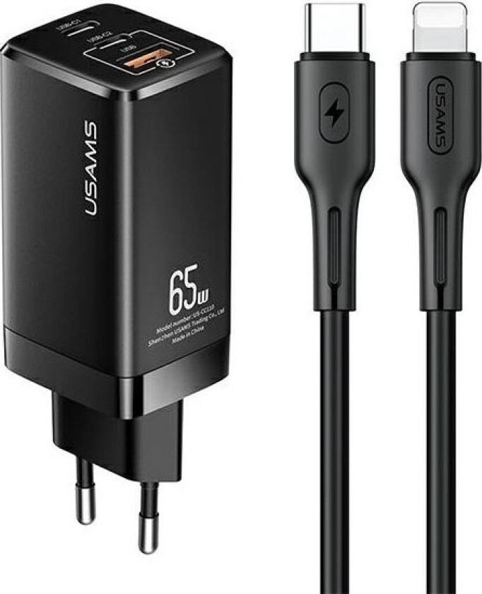 Last. Nettverk. MT 2xUSB-C+USB GaN 65W T33 PD + USB-C-Lightning 30W Hurtigladekabel svart/svart MTXLOGTL01