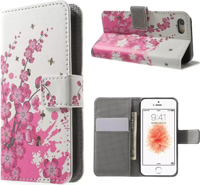 iPhone SE / 5 / 5s Deksel med Lommebok Blomster Pink/Hvit