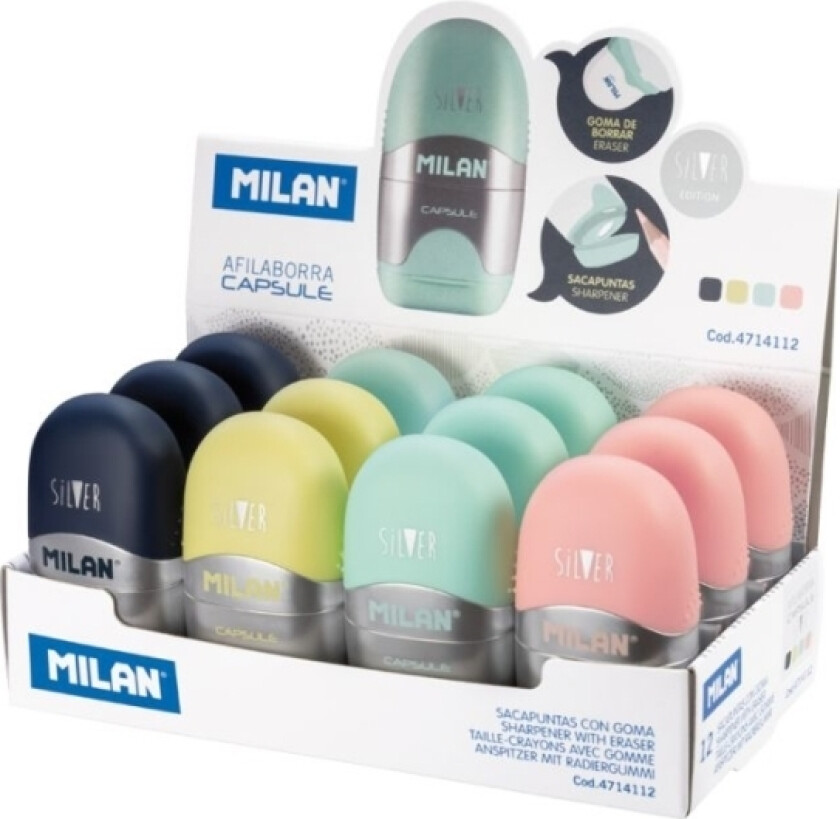 Milan 4714112, Manuell blyantspisser, Blå, Rosa, Turkis, Gult, Stål, Utstillingseske, 150 mm, 68 mm