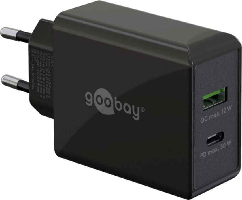 USB-C™ PD dobbel hurtiglader (30 W) svart