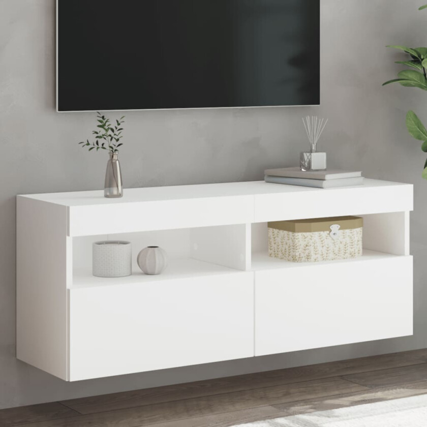 Vegghengt TV-benk med LED hvit 100x30x40 cm