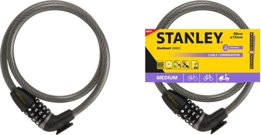 Stanley Cable Combination 90cm ø12mm, Kabellås, Svart, Grå, Stål, Vinyl, Stål, Vinyl, Stål