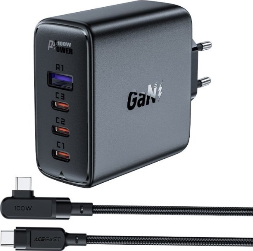 Acefast szybka ładowarka sieciowa GaN 3xUSB-C/1xUSB-A 100W czarna + kabel kątowy USB-C - USB-C 100W 2m czarny