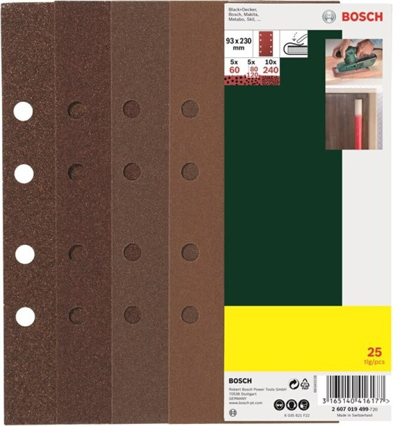 25-delers slipepapirsett til plansliper, korning 60, 80, 120, 240 G= 60, 80, 120, 240, 8 hull