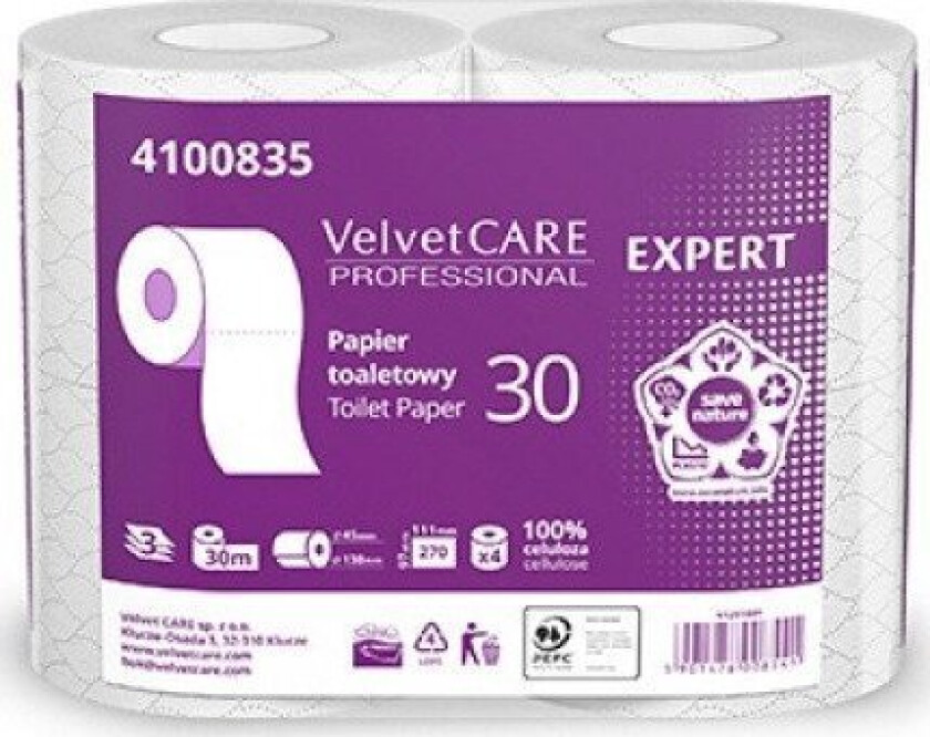 VELVET Expert toalettpapir av cellulose, 3-lags, 270 ark, 4 stk., hvit