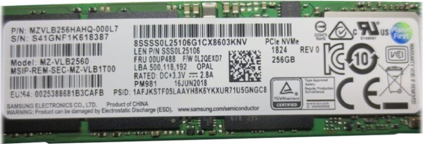 Samsung MZ-VLB2560 - SSD - kryptert - 256 GB - intern - M.2 2280 - PCIe 3.0 x4 (NVMe) - TCG Opal Encryption - FRU, (CRU) - Tier 1