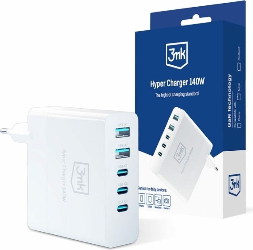 Husholdningslader 3mk Hyper GaN Lader 3xType-C/2xUSB-A 140W hvit