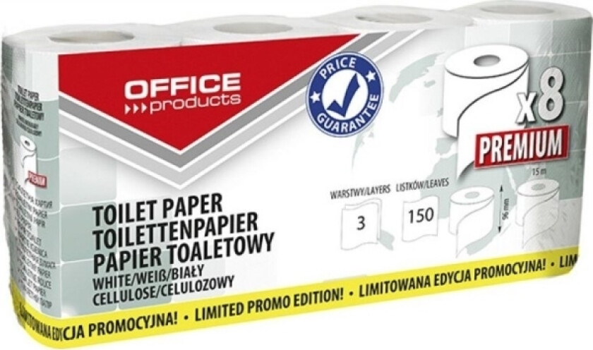 Kontorprodukter KONTORPRODUKTER Premium cellulose toalettpapir, 3-lags, 150 ark, 15 m, 8 stk., hvit