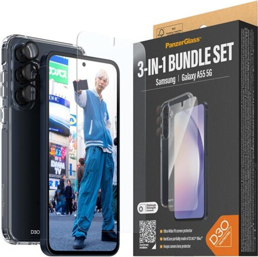 Samsung Galaxy A55 (5G) 3-i-1-Bundle m. EasyAligner - Skärmskydd (UWF) / D3O Bio Hardcase Skal / Hoops Kameraskydd - Genomskinlig / Svart
