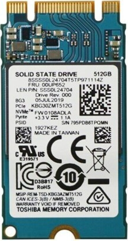 Toshiba - SSD - 512 GB - intern - M.2 2242 - PCIe 3.0 x2 (NVMe) - FRU - for ThinkPad E490 20N8, 20N9 E490s 20NG E590 20NB, 20NC