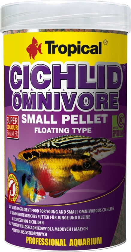 Cichlid Omnivore Small Pellet, Akvariefisk, Tørr fiskemat, Sprøtt, Vitamin A, Vitamin D3, Vitamin E, 43%, 5%