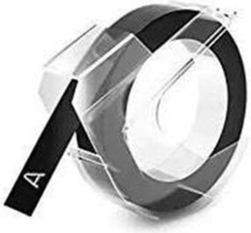autentisk pregeetiketttape | 9 mm x 3 m rull | Hvitt trykk på svart | Selvklebende | for pregeetikettmakere | 1 boks x 10 ruller