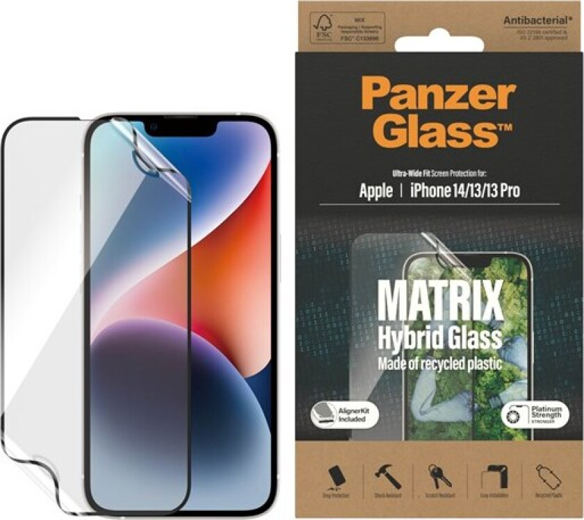 PanzerGlass iPhone 13/iPhone 13 Pro/iPhone 14 Skjermbeskytter Matrix Hybrid Glass EasyAligner