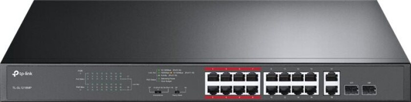 TL-SL1218MP - Switch - ikke administrert - 16 x 10/100 (PoE+) + 2 x 10/100/1000 + 2 x combo Gigabit SFP - monterbar på stativ (192 W)