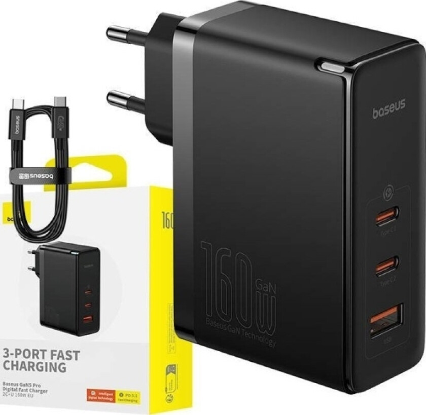 Wall charger GaN5 Pro 2xUSB-C + USB 160W (black)