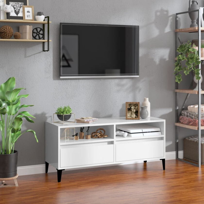 TV-benk høyglans hvit 100x34,5x44,5 cm konstruert tre