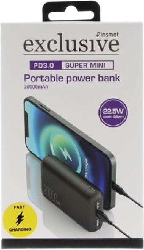 power bank - Li-pol - USB 24 pin USB-C - 22.5 Watt Nødlader - 20000 mAh