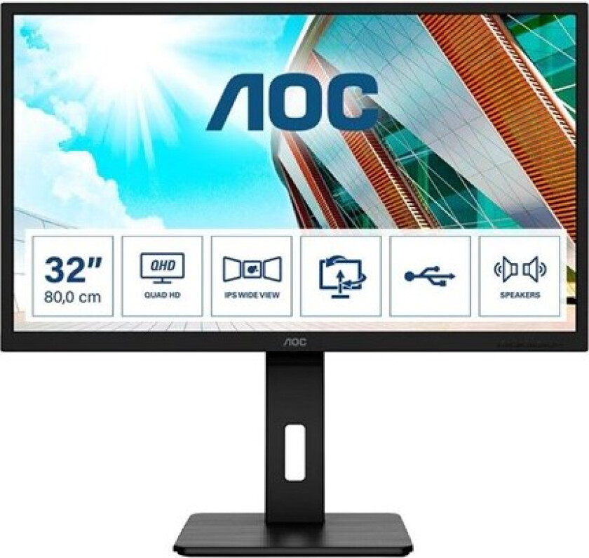 31" AOC Q32P2 - 2560x1440 - 75Hz - IPS - USB HUB - Speakers - 4 ms - Skjerm