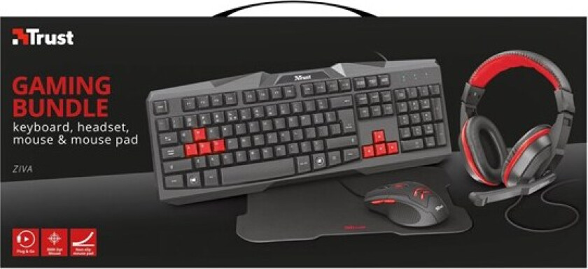 Ziva 4-in-1 Gaming Bundle - Tastatur, mus, hodesett og musematte sett - Nordisk - Rød