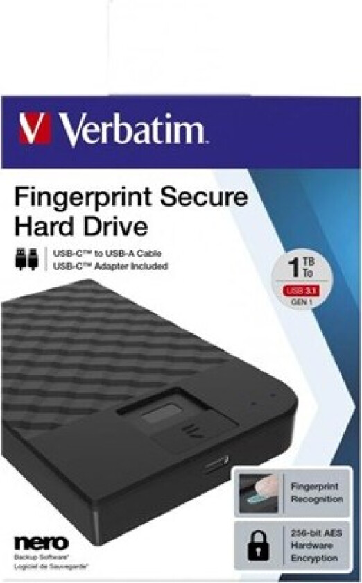 Fingerprint Secure - Ekstern Harddisk - 1TB - Svart