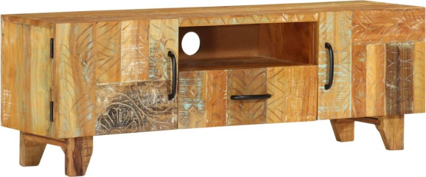 Håndskåret TV-benk 120x30x40 cm gjenvunnet heltre