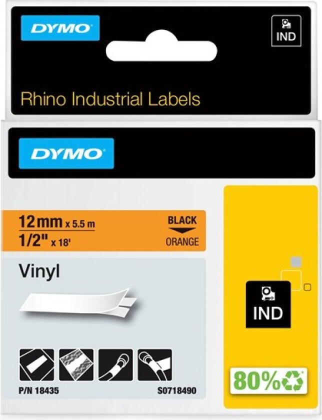 Rhino industri vinyl tape,12 mm x 5.5 m rull, sort på oransje, selvklebende