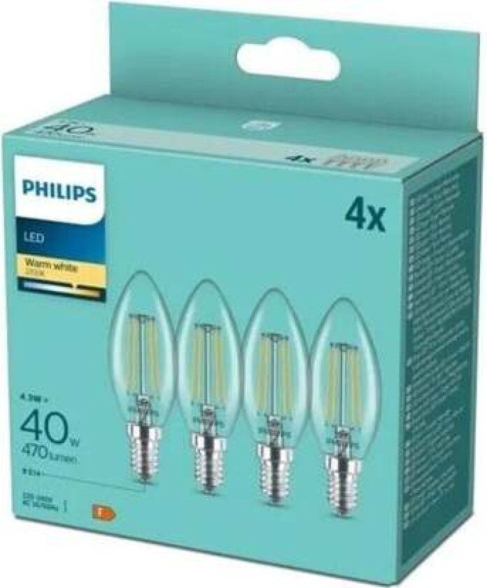 LED-lyspære Classic Candle 4,3W/827 (40W) Clear 4-pack E14