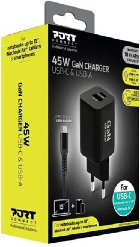 PORT Connect power adapter - GaN technology - USB Type A 24 pin USB-C - 45 Watt