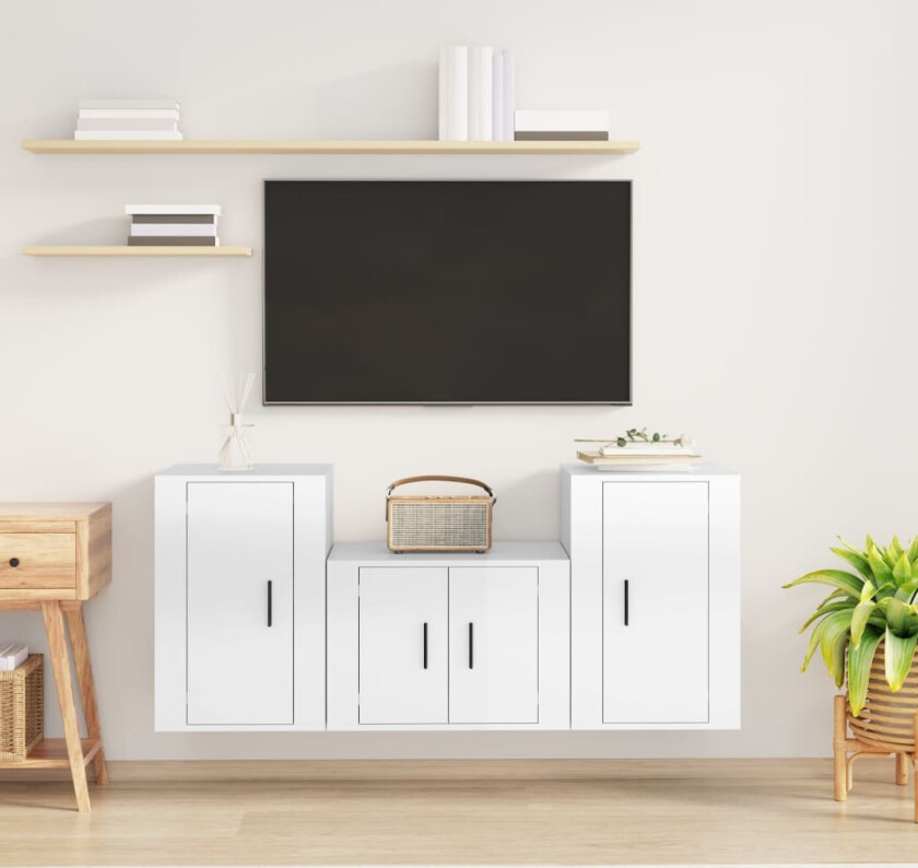 TV-benksett 3 deler høyglans hvit konstruert tre