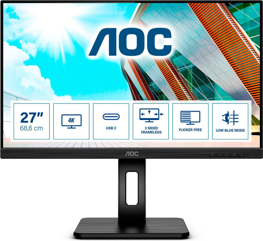 27" AOC U27P2CA 4K UHD USB 65W Hub - 4 ms - Skjerm