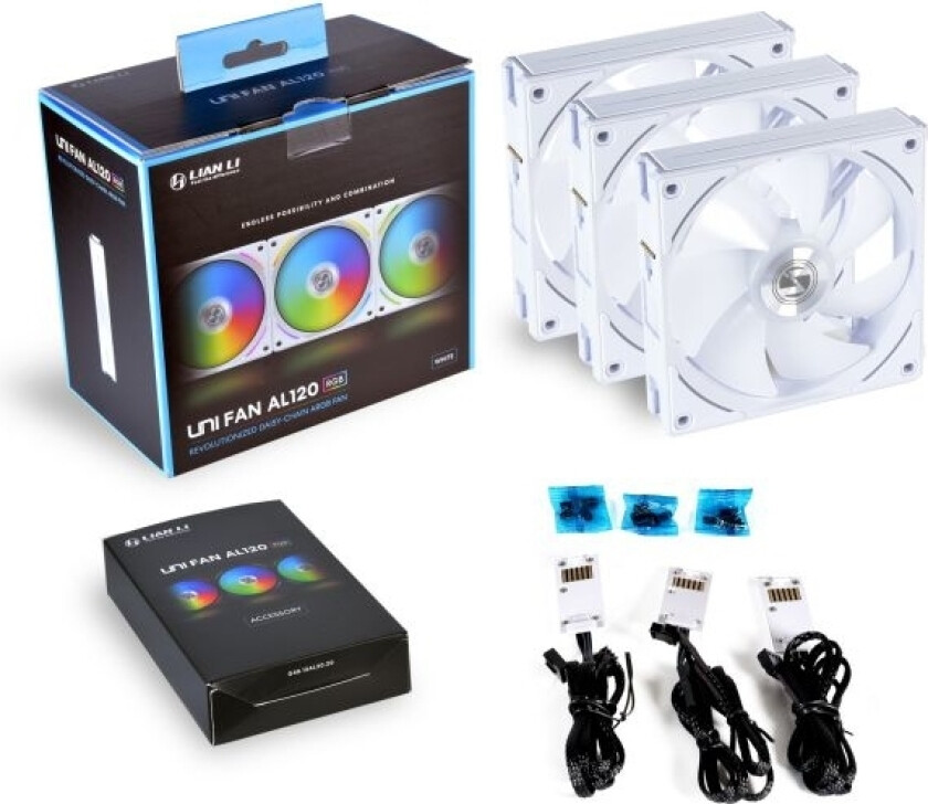 UNI FAN AL120 (3-pack) - Kabinettvifte - 120mm - Hvit med RGB-lys - 28 dBA