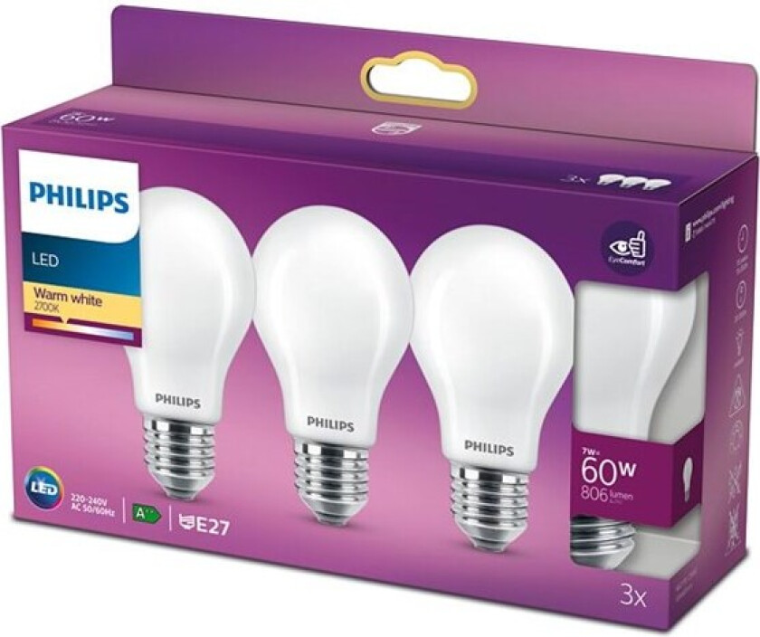 LED-lyspære Classic Standard 7W/827 (60W) Frosted 3-pack E27