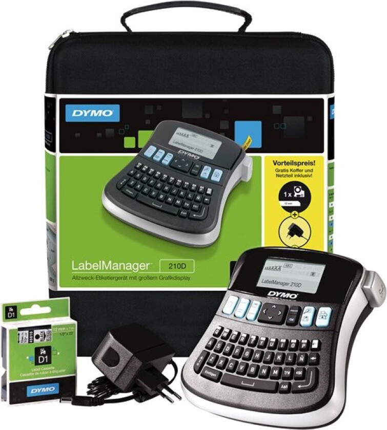 LabelManager 210D koffertsett, QWERTY Keyboard, med 12mm sort på hvit D1 tape