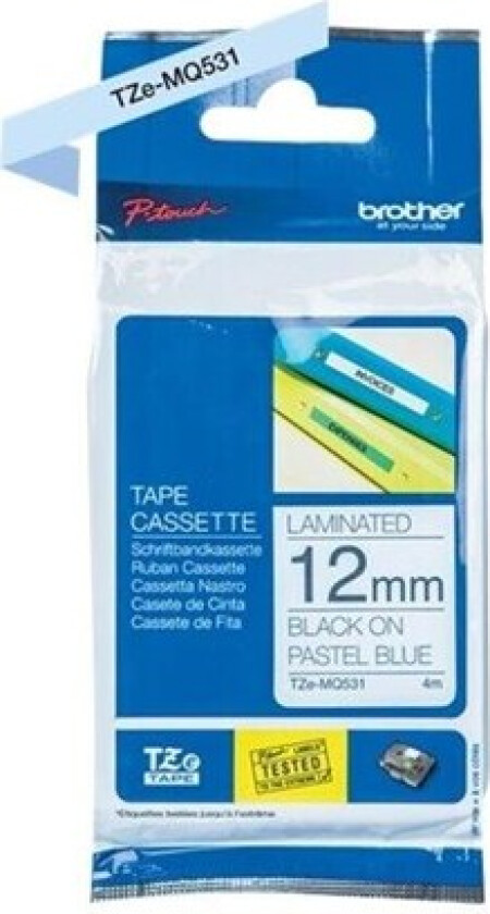 TZEMQ531 / TZe-MQ531 Black on Pastel Blue Ribbon (12mm x 4m)
