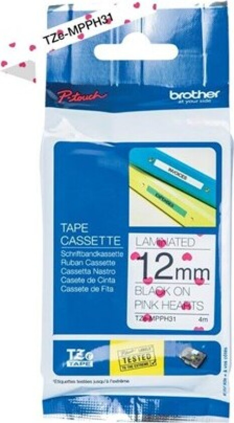 TZe MPPH31 - Black on pink hearts - Roll (1.2 cm x 4 m)