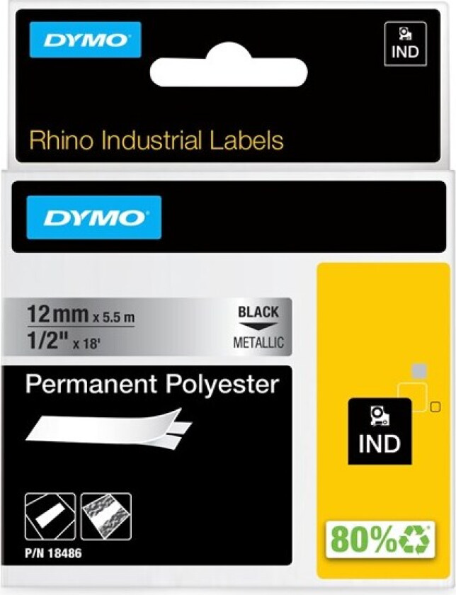Rhino Industrial tape 12 mm x 5.5m permanent polyester (black on metallized)