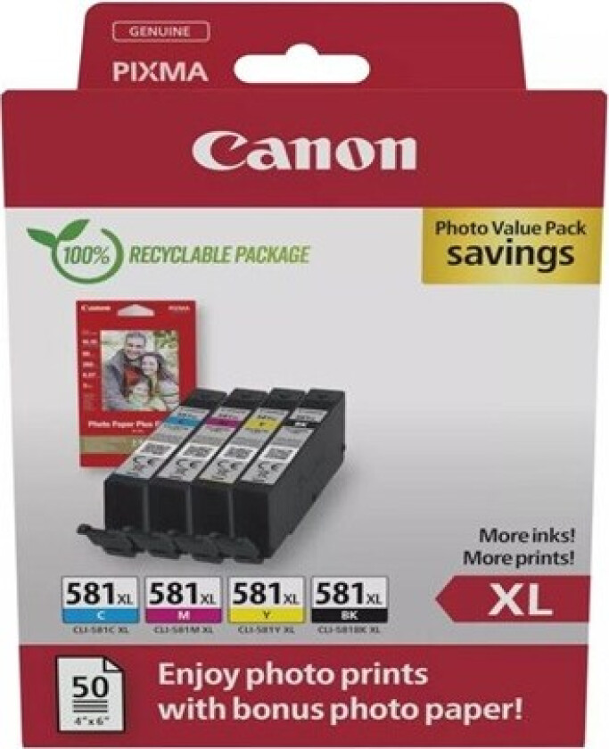 CLI-581XL Blekkpatron MultiPack + PP 201 A6, 50 sider