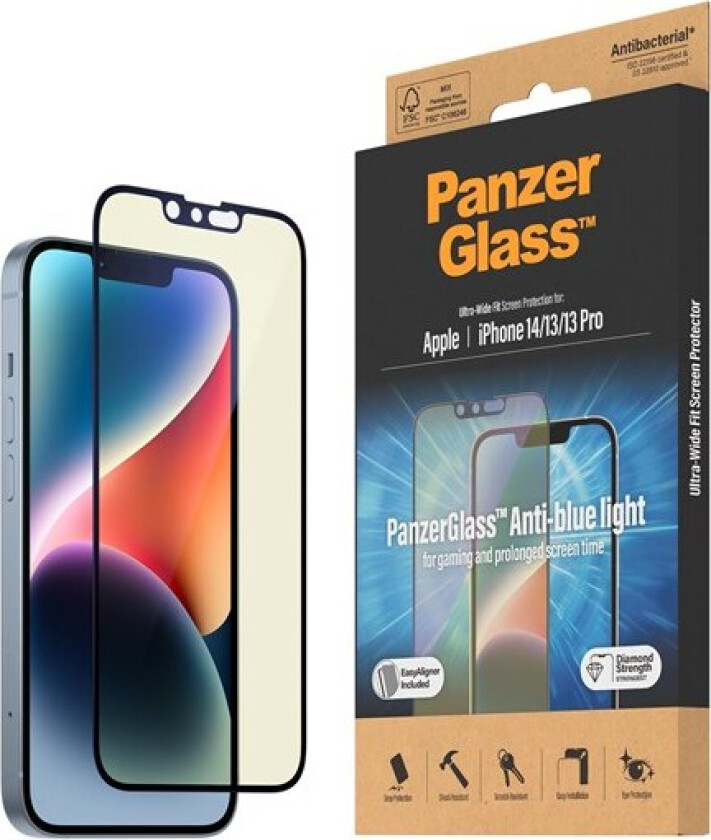 iPhone 14 / 13 / 13 Pro AntiBacterial Ultra-Wide Fit Beskyttelsglass - Easy Aligner - Anti-Blue Light - Case Friendly - Diamond Strenght