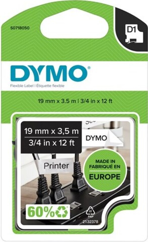 Dymo Tape D1 19mm Svart/hvit Fleksibel